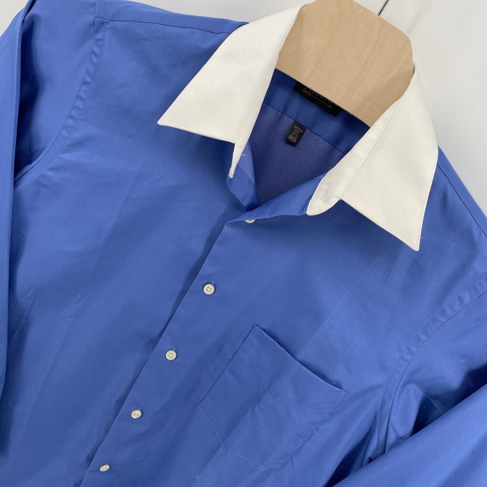 Arrow Mens Blue White Contrast Collar Sateen Dress Shirt 15.5 32/33 Medium
